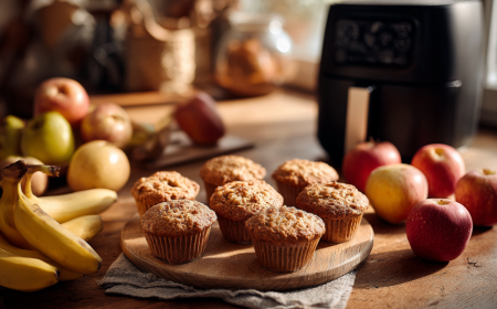 apfel bananen muffins neben einer heißluftfritteuse
