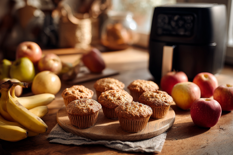 apfel bananen muffins neben einer heißluftfritteuse