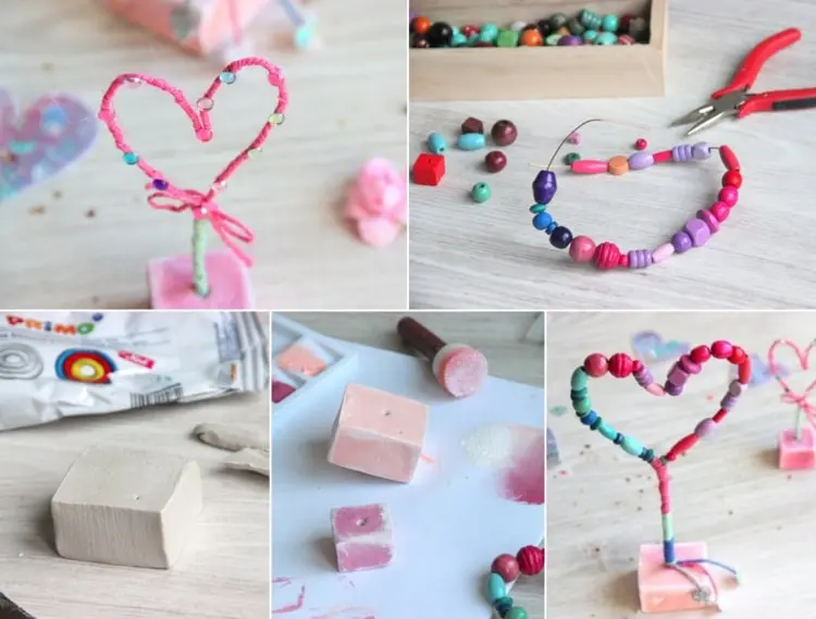 Basteleien als Muttertagsgeschenk von den Kindern - Ständer mit Herz aus Perlen