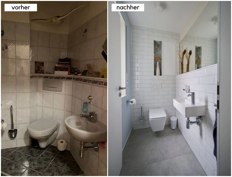 Design für kleines WC optisch größer aussehen lassen Vorher-Nachher-Bilder
