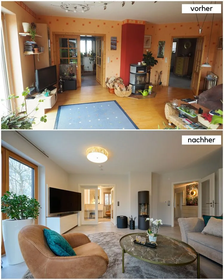 Umgestaltung eines alten Wohnzimmers mit neuem Design Vorher-Nachher-Bilder