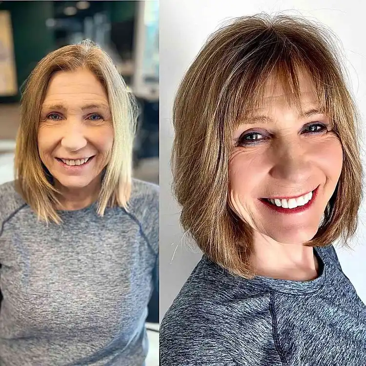 Layered bob with choppy bangs for older women