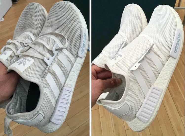 Vorher nachher weiße Mesh-Sneaker reinigen per Hand und Waschmaschine