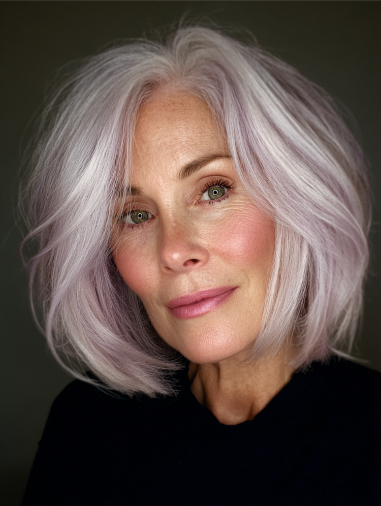 frau mit weißem haar und lavendelfarbenen pastellsträhnchen