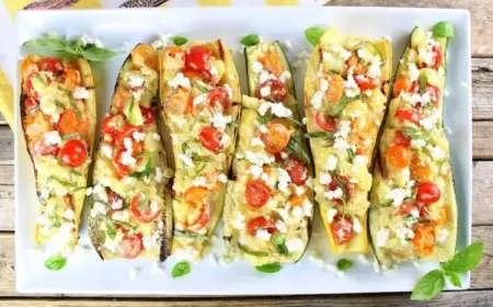 Vegetarisches Rezept für Zucchini Schiffchen mit Tomaten Feta Füllung