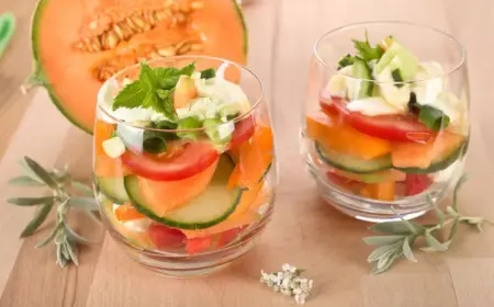 Vorspeise im Glas mit Melone, Gurke, Tomate und Dressing