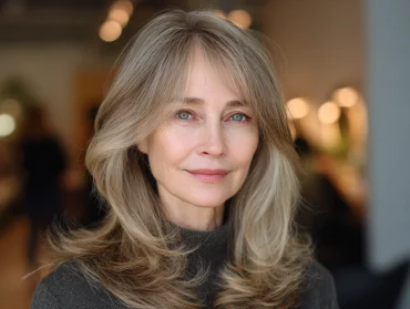 butterfly cut mit curtain bangs bei mittellangem blondem haar