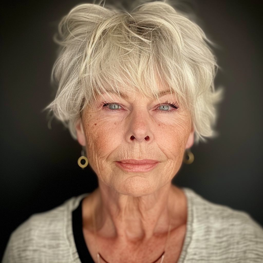 close up of a woman over 60 with a long pixie cut