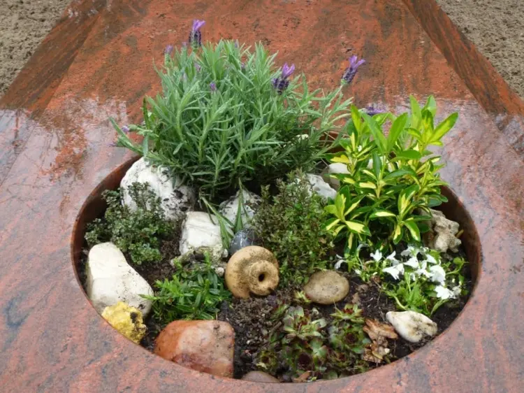 Einfache und schöne Grabbepflanzung mit Mini-Steingarten - Lavendel und andere Sträucher