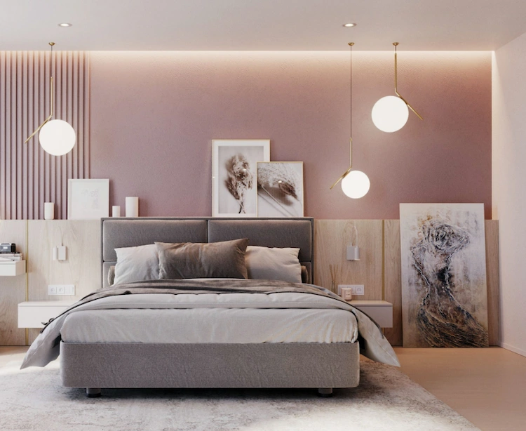 gedämpfte pastellfarben wie hellrosa mit dezenter beleuchtung im schlafzimmer gestalterisch kombinieren