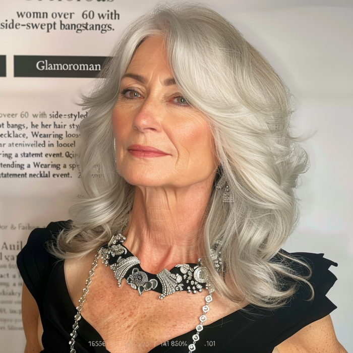 glamorous woman over 60 with side swept bangs