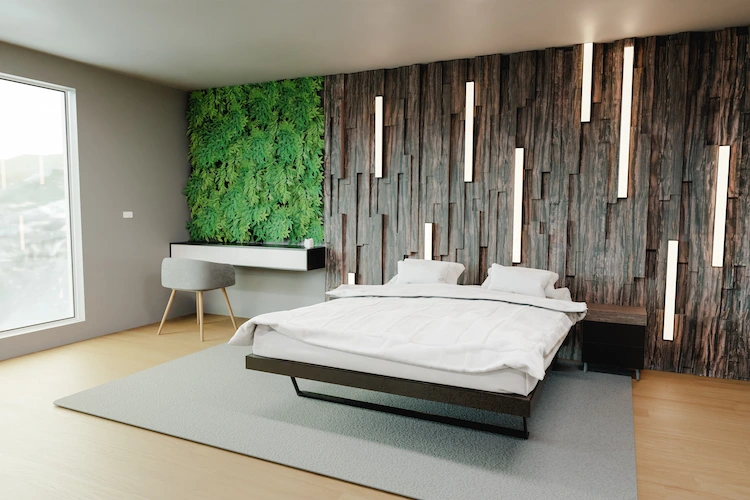 kombination aus schlafzimmer und arbeitsbereich mit moderner wandgestaltung durch mooswand und beleuchtung