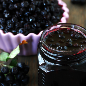 leckere aronia konfitüre neben frischer aronia