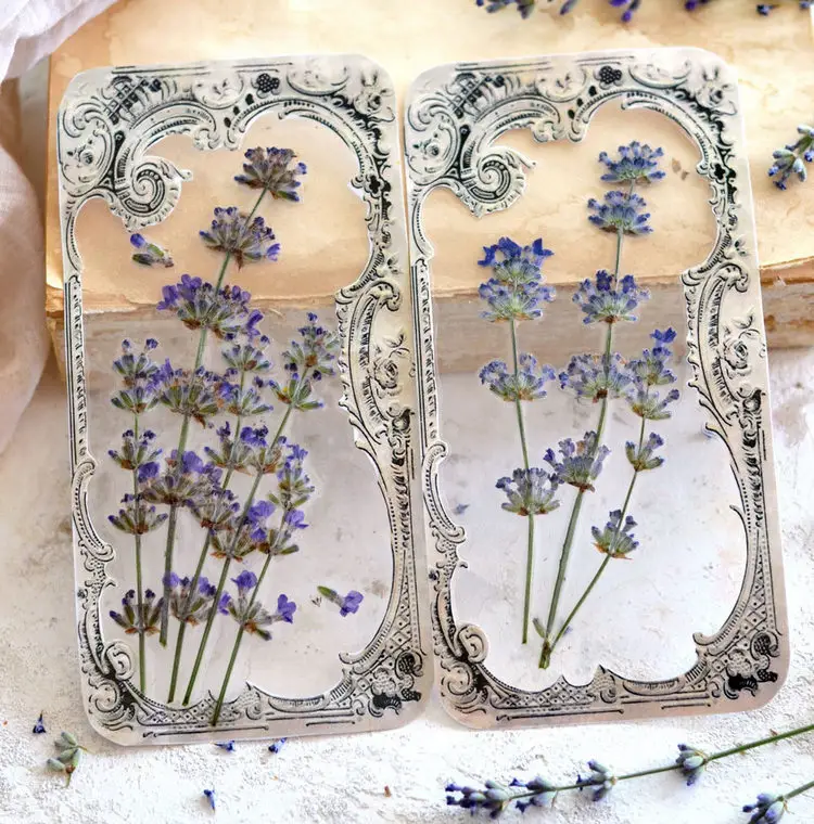 Lesezeichen basteln mit Lavendelblüten - Vintage-Rahmen mit transparentem Look