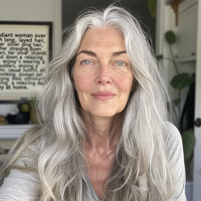 radiant woman over 60 with long layered hair he