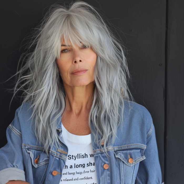 stylish woman over 60 with a long shag haircut