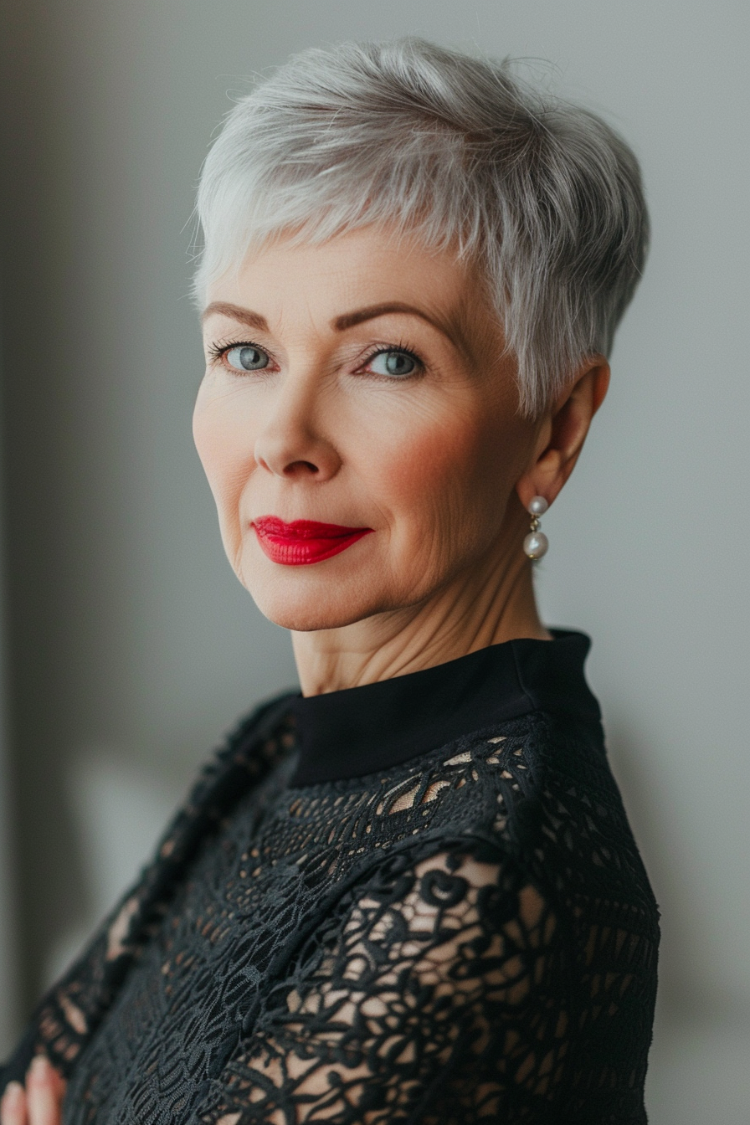 Ältere frau mit kurzem grauen haarschnitt, rotem lippenstift und perlenohrringen