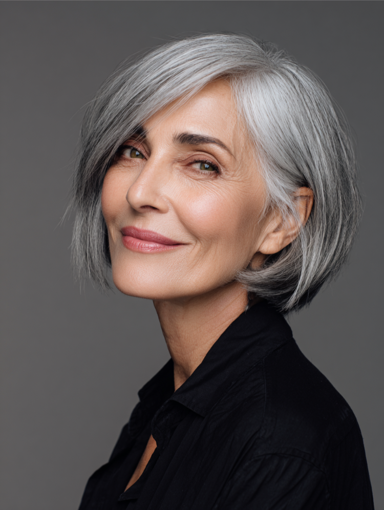 Ältere frau mit kurzen grauen haaren und bob frisur