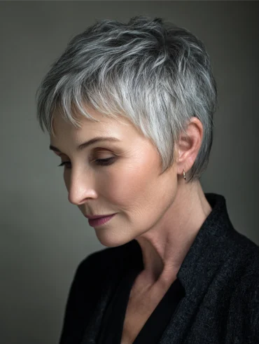 Ältere frau mit kurzen grauen haaren und strähnchen