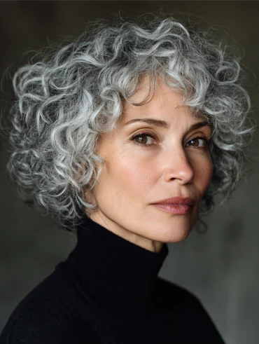 ältere frau mit kurzen, lockigen grauen haaren