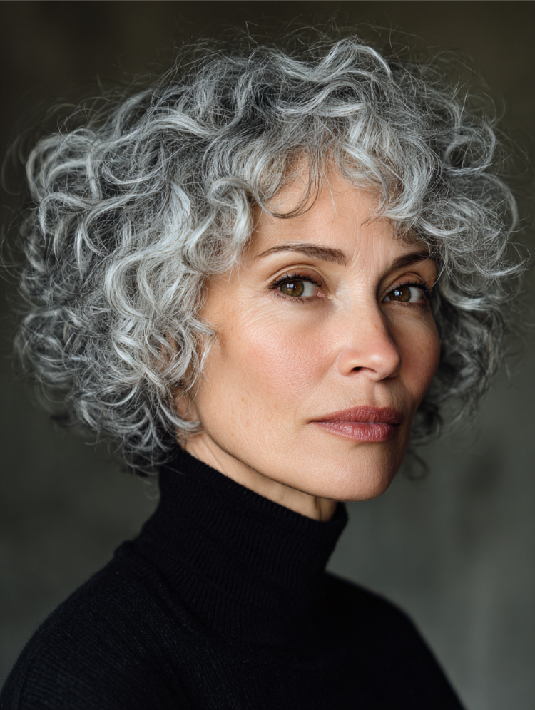 ältere frau mit kurzen, lockigen grauen haaren
