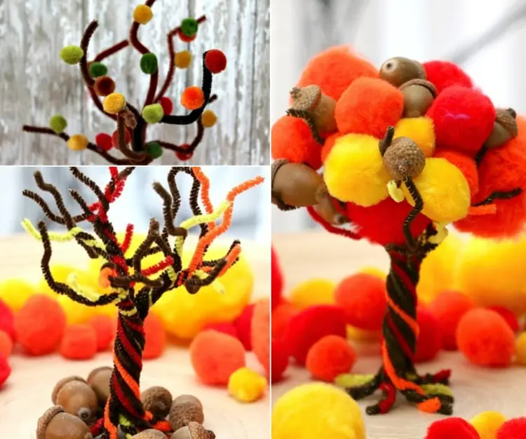 Bäume basteln mit Pfeifenputzer im Herbst - Bommeln und Draht für 3D Deko