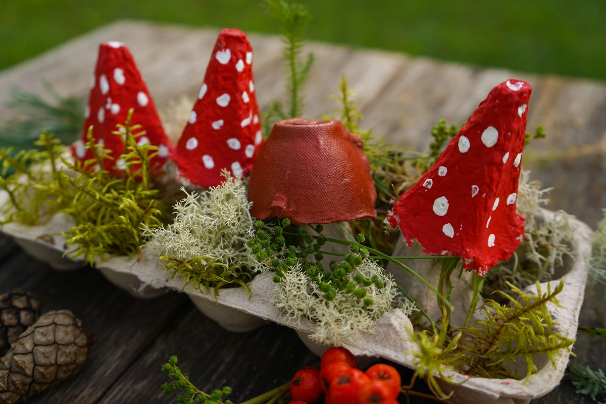 Basteln mit Eierkarton für den Herbst - Kleine Landschaft mit Moos und Fliegenpilzen