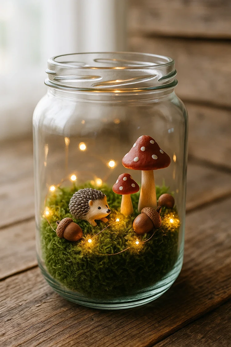 deko im glas mit lichterkette herbst mit moos und kleinen herbstfiguren
