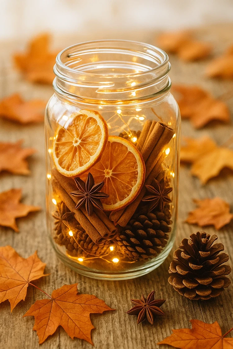 duftende herbstdeko mit zimtstangen und orangenscheiben im glas