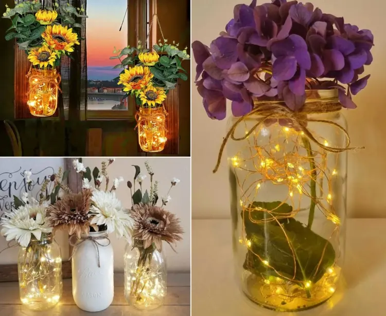 Einfache Dekoidee mit Trockenblumen oder künstlichen Blumen und Lichtern
