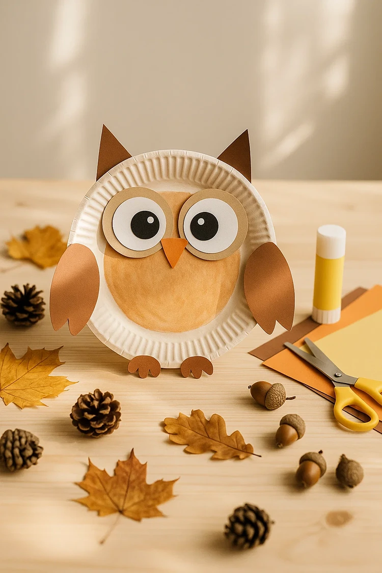 eule basteln aus pappteller mit kindern im herbst