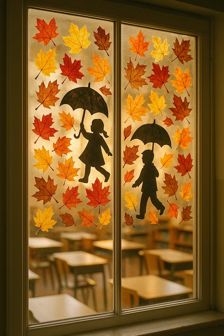 fensterbild für den herbst kinder mit regenschirmen herbstblätter