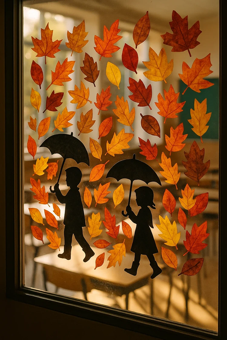 fensterbilder herbst mit vorlagen kinder mit regenschirmen