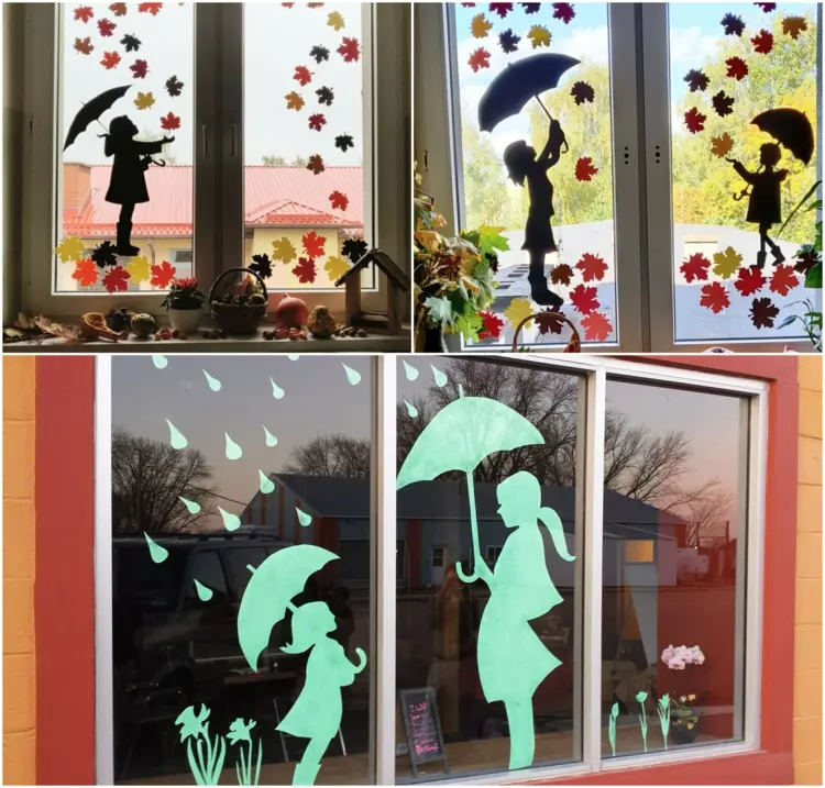 Fensterdeko für den Herbst in der Grundschule mit Silhouetten und Blättern