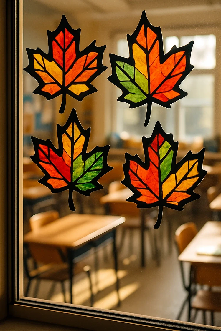 fensterdeko herbst grundschule bunte herbstblätter fensterbild