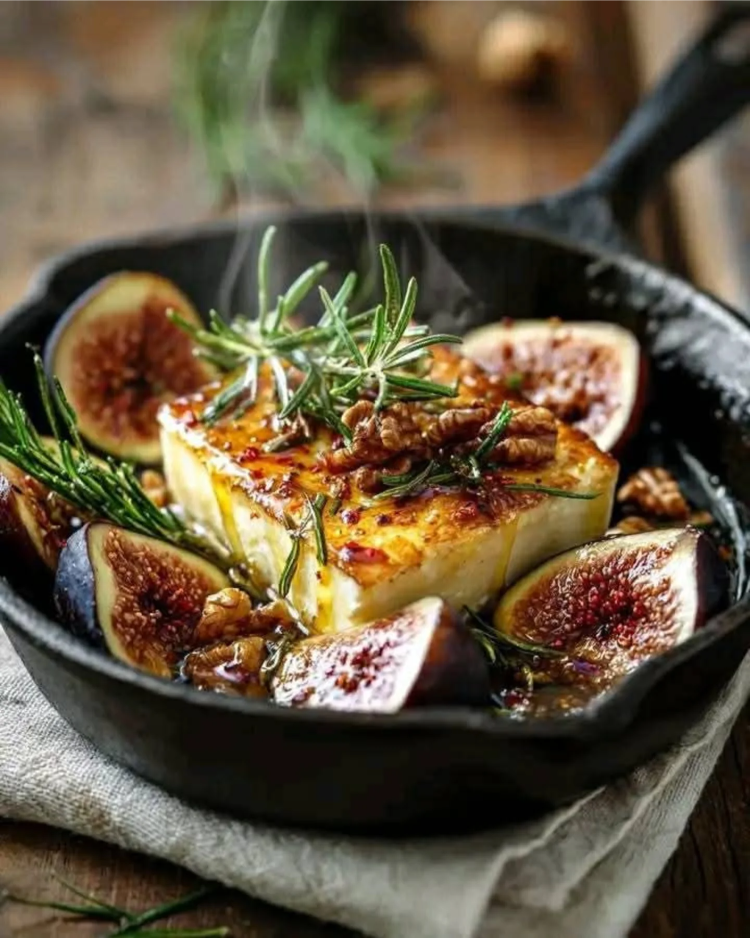 feta mit feigen in einer pfanne