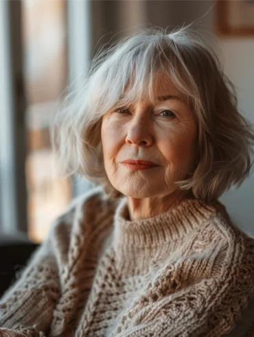gestufte bob frisuren für ältere frauen, die jünger machen wispy bob mit curtain bangs