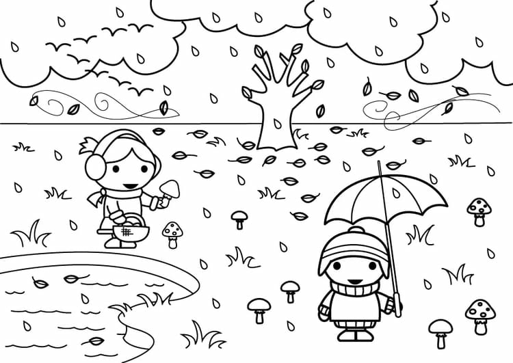 Herbstbilder zum Ausmalen kostenlos herunterladen - Kinder spazieren im Regen