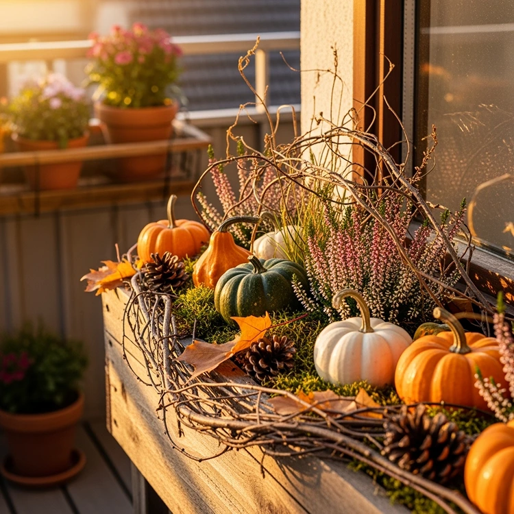 Herbstdeko für Blumenkasten mit Zierkürbissen, Zweigen und Tannenzapfen zu Heidekraut
