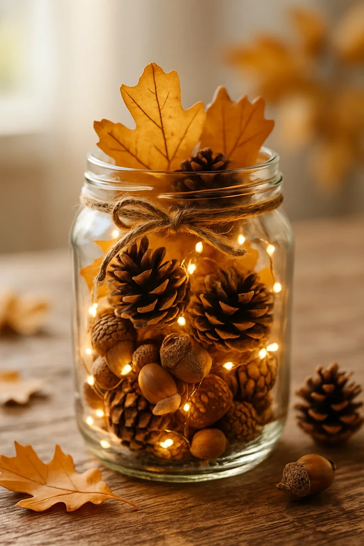 herbstdeko im glas mit lichterkette naturmaterialien