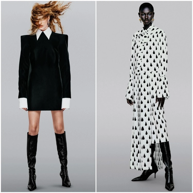 Herbstmode 2023 von H&M - Der schwarz-weiße Look wird durch kurze und lange Kleider, eckige Schultern, weiße Kragen und Manschetten bestimmt