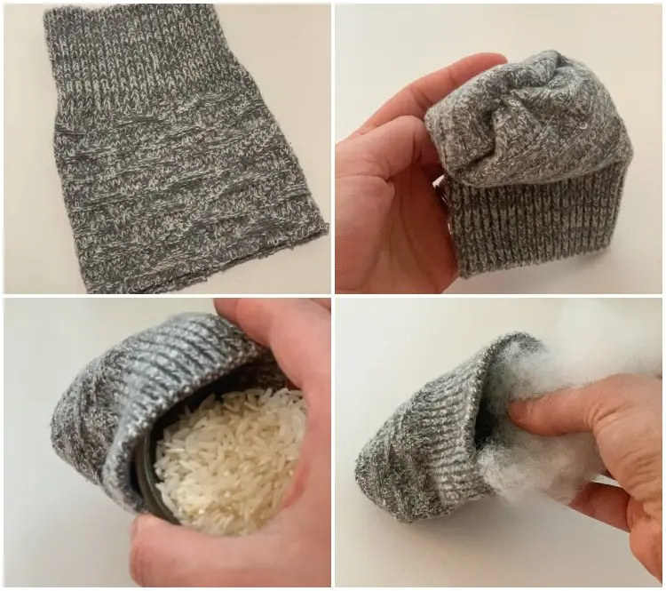 Kürbis aus Socken basteln Anleitung mit Reis und Wolle