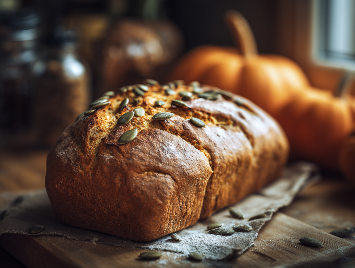kürbisbrot mit kürbiskernen und kürbissen