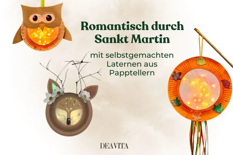 Laterne aus Pappteller basteln - Eule, Reh oder mit Blättern