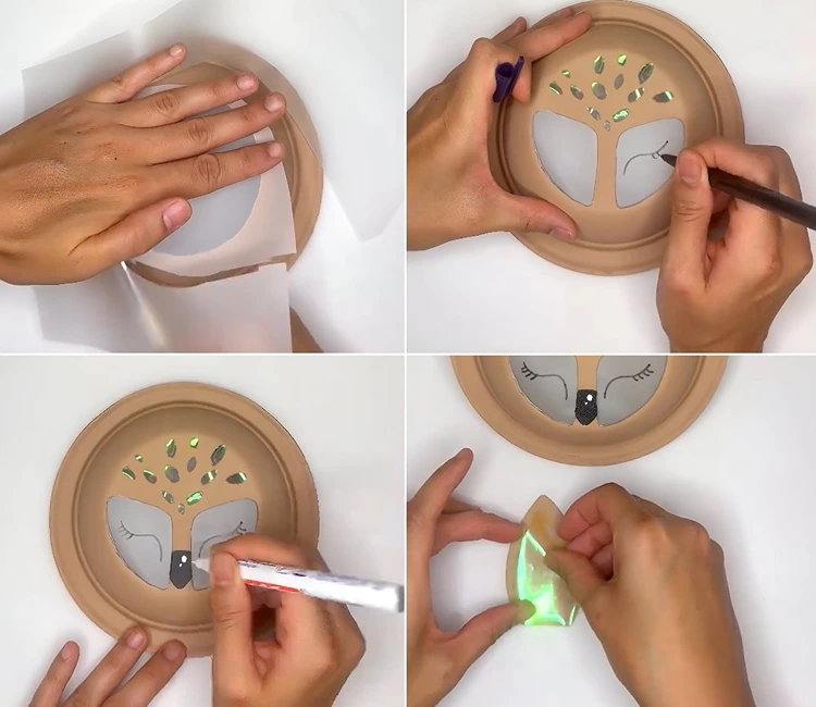 Löcher mit Perlmutt- und Pergamentpapier abdecken und Gesicht malen