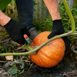 mit passendem schneidewerkzeug wie gartenschere jeden reifen kürbis ernten