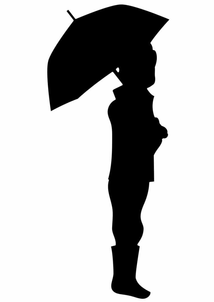 Silhouette eines Jungen mit Gummistiefeln und Regenschirm