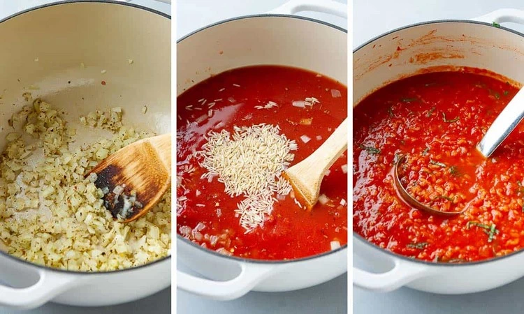 So bereiten Sie die Herbstsuppe aus Tomaten und Reis zu
