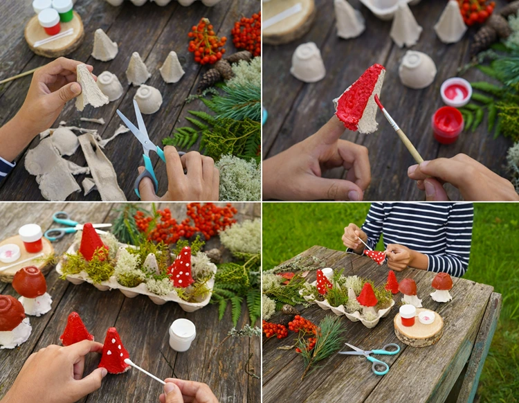 Spitzen des Eierkartons abschneiden und mit Acrylfarben bemalen