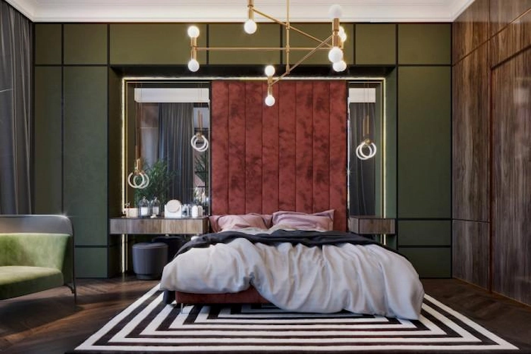 stilvoll und elegant ein schlafzimmer in grüntönen gestalten und einen auffälligen kronleuchter hinzufügen